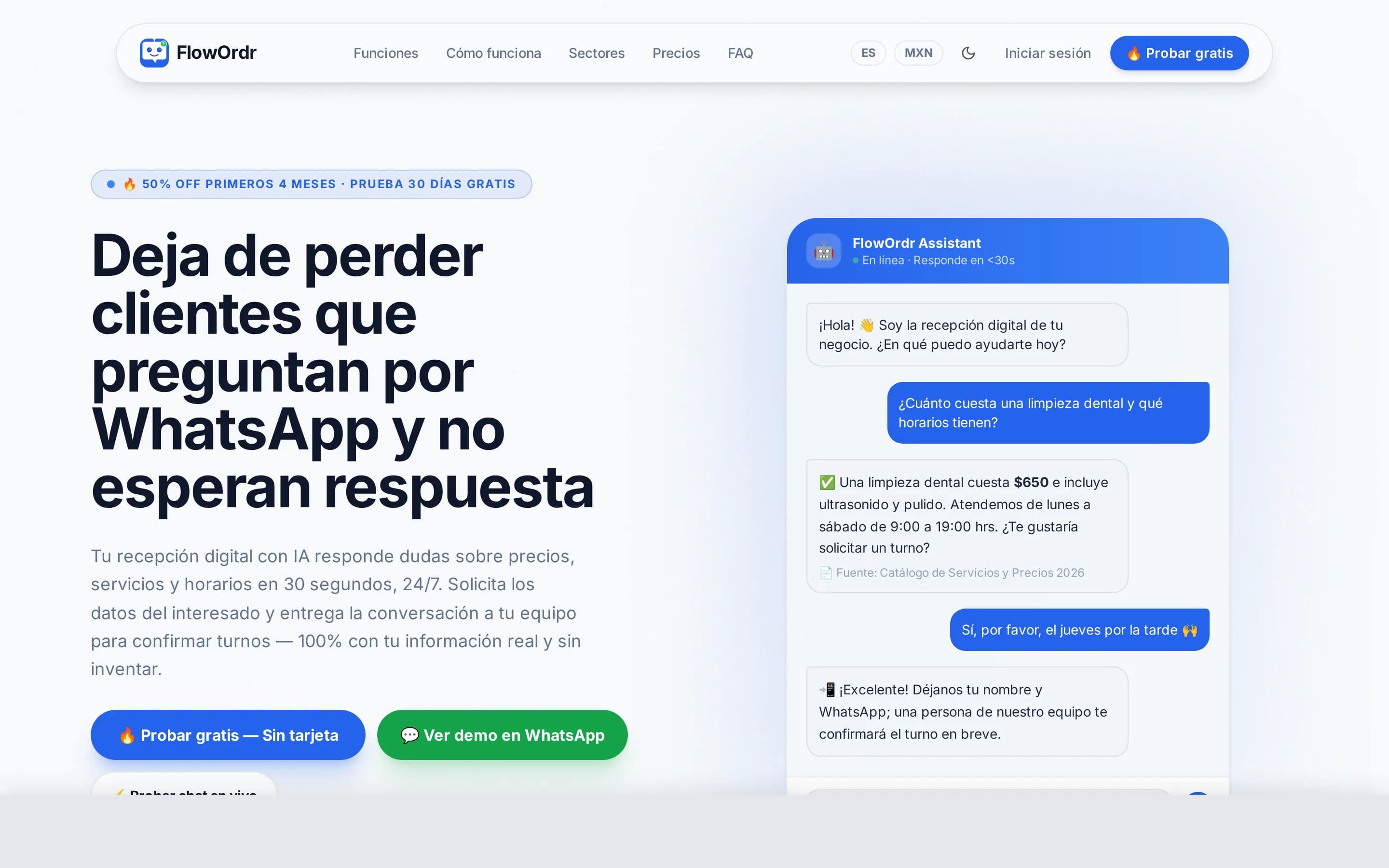 Captura de pantalla de la plataforma FlowOrdr con asistente conversacional y panel de administración